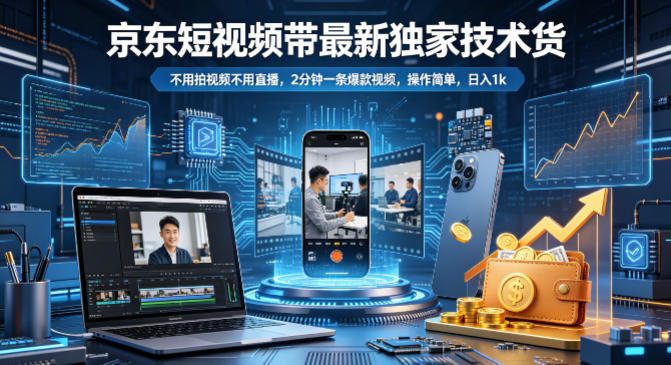 京东短视频带货最新独家技术，不用拍视频不用直播，2分钟一条爆款视频，操作简单，日入1k+【揭秘】-大飞资源网