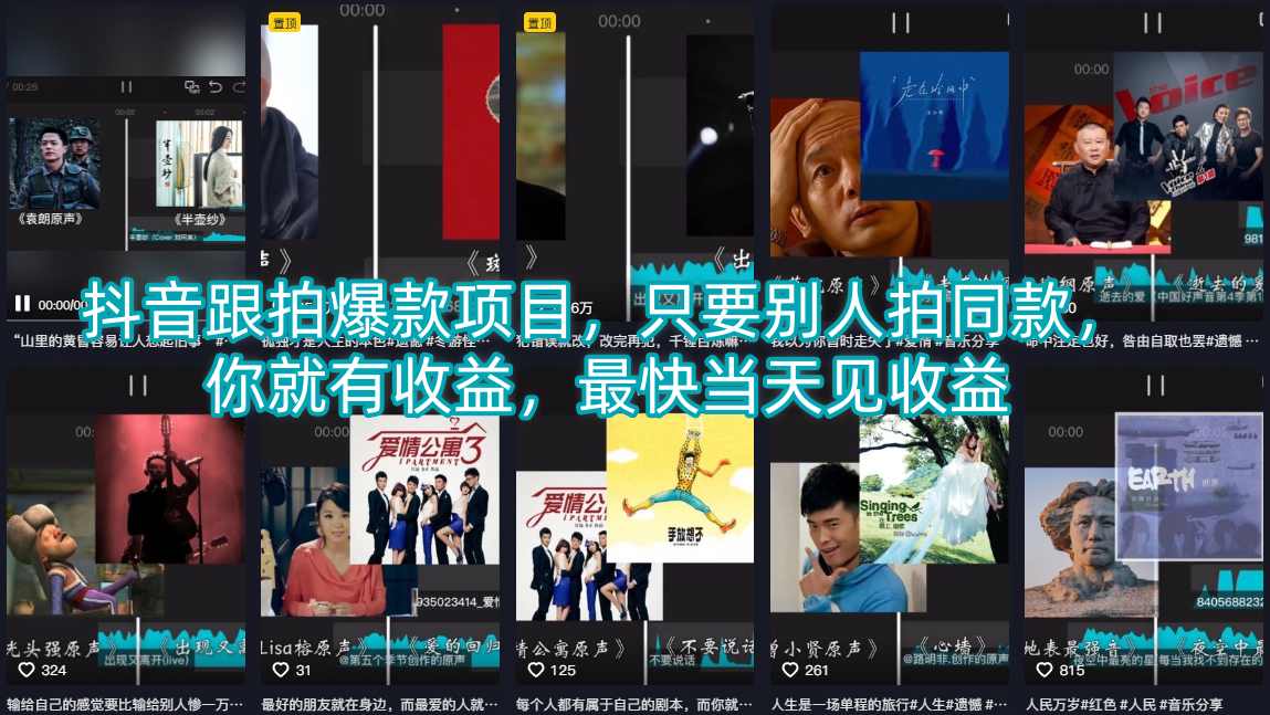 抖音跟拍爆款项目，只要别人拍同款，你就有收益，最快当天见收益-蔚蓝分享