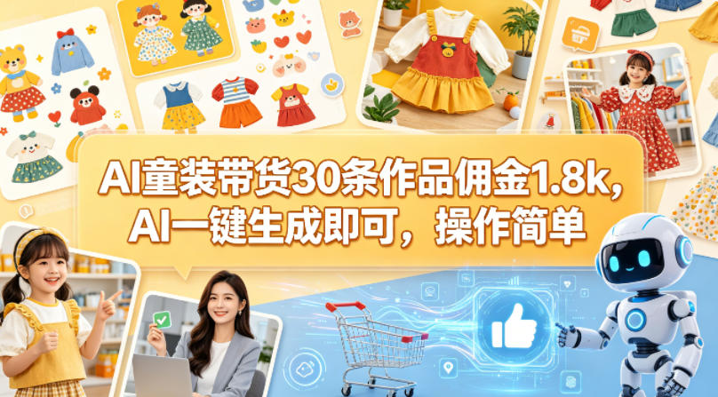 AI童装带货30条作品佣金1.8k，AI一键生成即可，操作简单-网创圈99