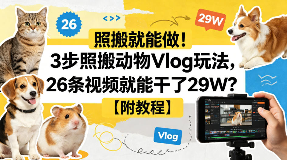 照搬就能做！3步照搬动物Vlog玩法，26条视频就能干了29W？【附教程】【赠coze一键生成工作流】-屿城网创