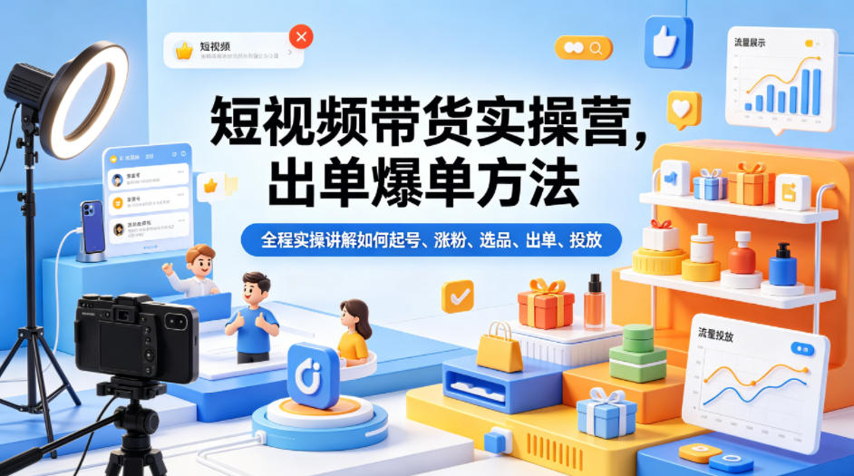 短视频带货实操营，出单爆单方法，全程实操讲解如何起号、涨粉、选品、出单、投放-无忧云网创