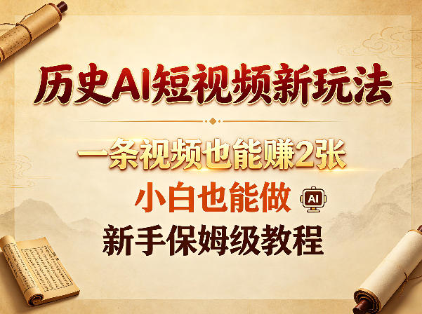 历史AI短视频新玩法，一条视频也能賺2张，小白也能做，新手保姆级教程-学长