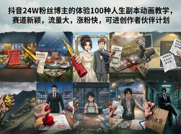抖音24W粉丝博主的体验100种人生副本动画教学，赛道新颖，流量大，涨粉快，可进创作者伙伴计划-优优云网创