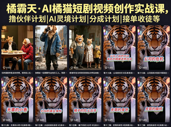 橘霸天·AI橘猫短剧视频创作实战课，撸伙伴计划|AI灵境计划|分成计划|接单收徒等-云网创