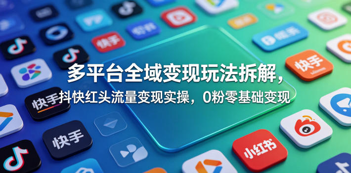 多平台全域变现玩法拆解，抖快红头流量变现实操，0粉零基础变现-云网创