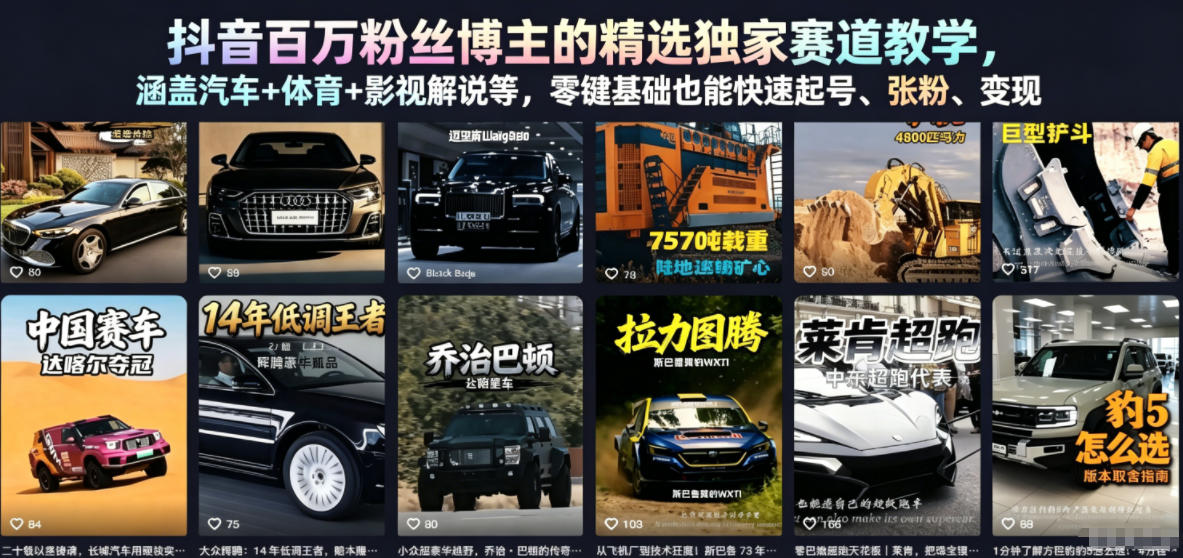 抖音百万粉丝博主的精选独家赛道教学，涵盖汽车+体育+影视解说等，零基础也能快速起号、涨粉、变现-优优云创网