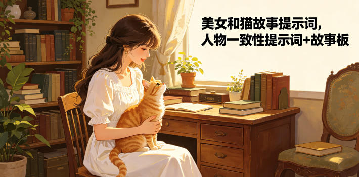 美女和猫故事提示词，人物一致性提示词+故事板-青山烟雨客网创