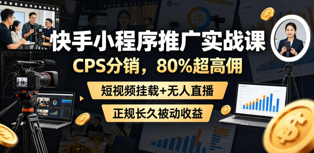 快手小程序推广实战课，CPS分销，80%超高佣，短视频挂载+无人直播，正规长久被动收益-云网创