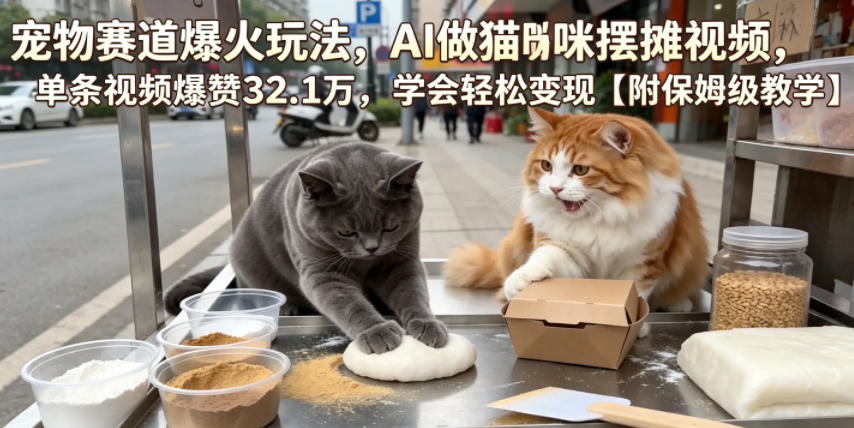 宠物赛道爆火玩法，AI做猫咪摆摊视频，单条视频爆赞32.1万，学会轻松变现【附保姆级教学】-亿云网创