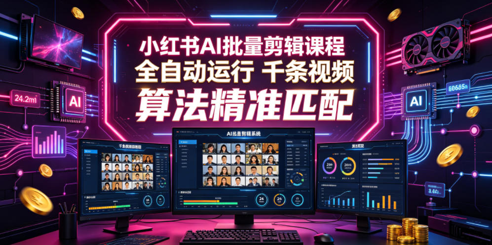 小红书AI批量剪辑课程，24小时全自动运行，解放双手专注运营，千条视频批量处理，小红书算法精准匹配-亿云网创