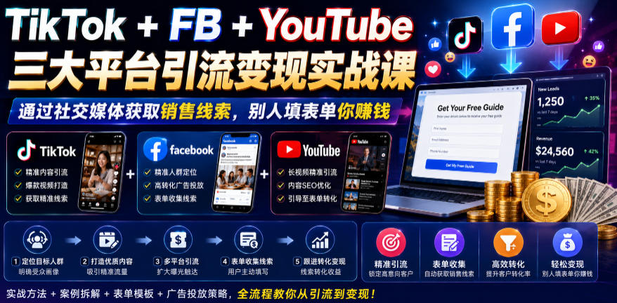 TikTok+FB+YouTube三大平台引流变现实战课，通过社交媒体获取销售线索，别人填表单你賺钱【原创双语字幕】-云网创
