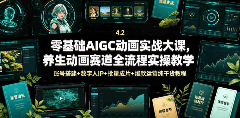 零基础AIGC动画实战大课，养生动画赛道全流程实操教学，账号搭建+数字人IP+批量成片+爆款运营纯干货教程-学长
