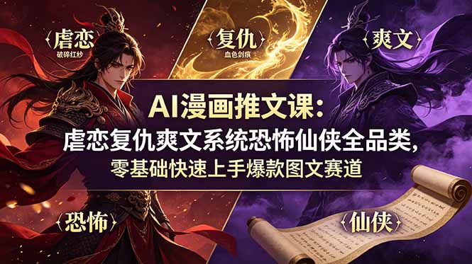 AI漫画推文课：虐恋复仇爽文系统恐怖仙侠全品类，零基础快速上手爆款图文赛道-爱赚网创分享