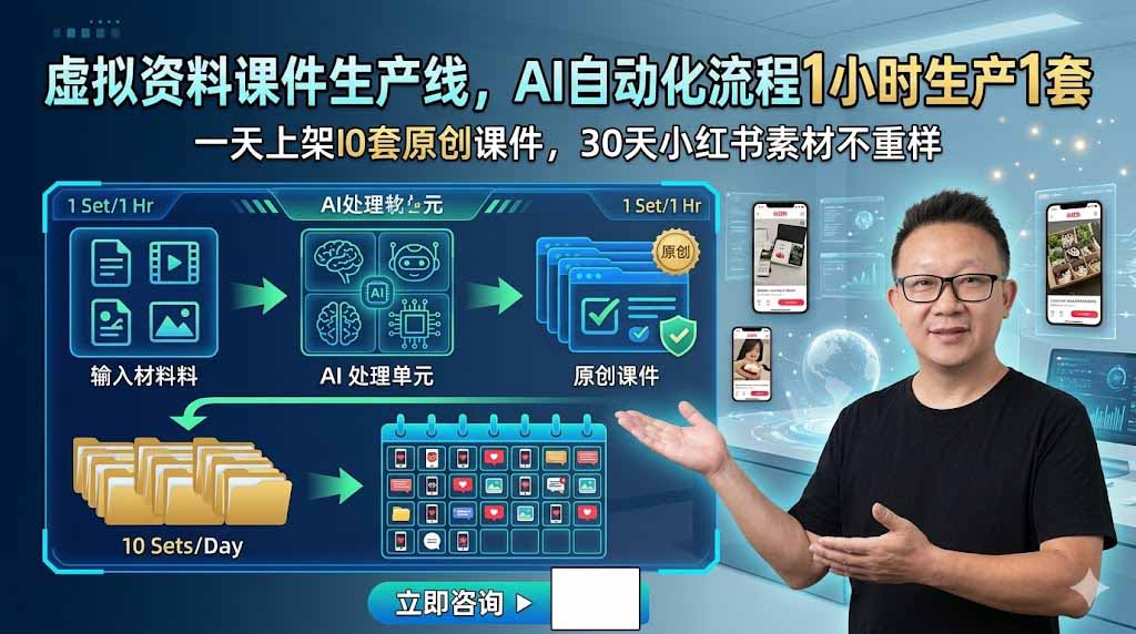 虚拟资料课件生产线，AI自动化流程1小时生产1套，一天上架10套原创课件，30天小红书素材不重样-蓝天网创