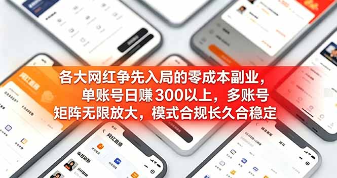 各大网红争先入局的零成本副业，单账号日赚 300 以上，多号矩阵可放大，模式合规长久稳定！-蓝天网创