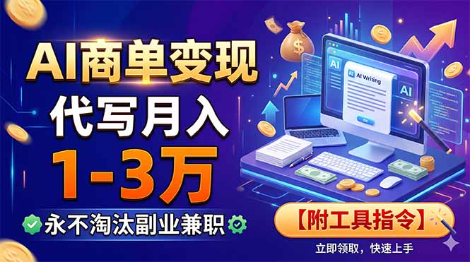 AI商单变现，靠代写月入1-3万，永不淘汰副业兼职【附工具指令】-蓝天网创