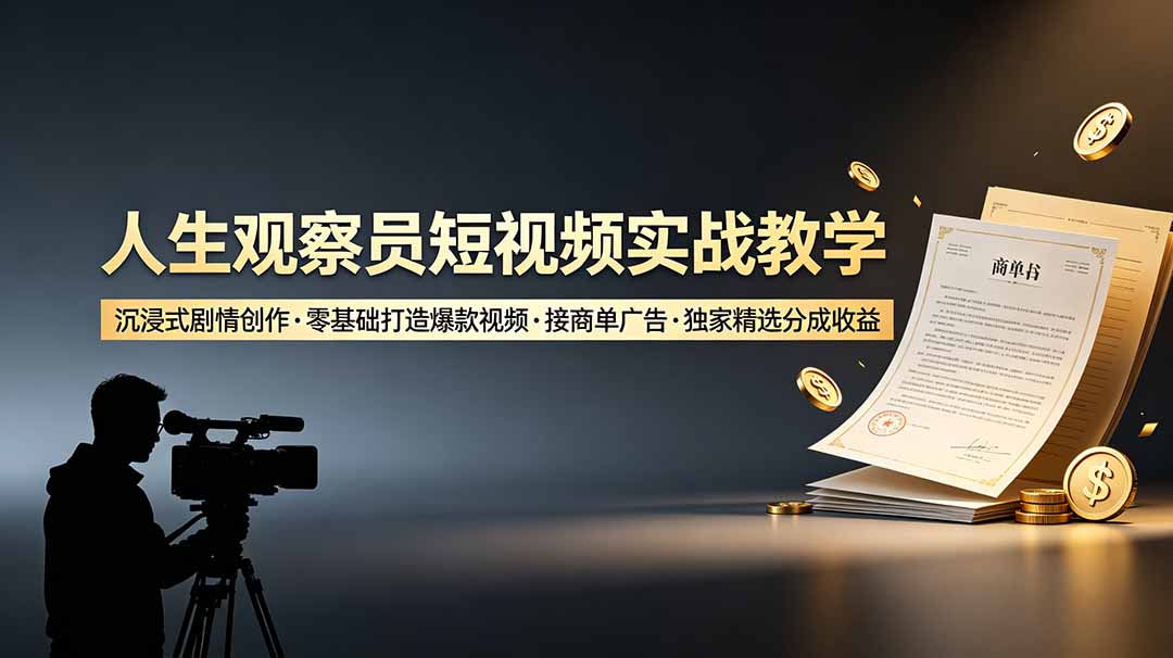 人生观察员短视频实战教学，沉浸式剧情创作，零基础打造爆款视频，接商单广告，独家精选分成收益-蓝天网创