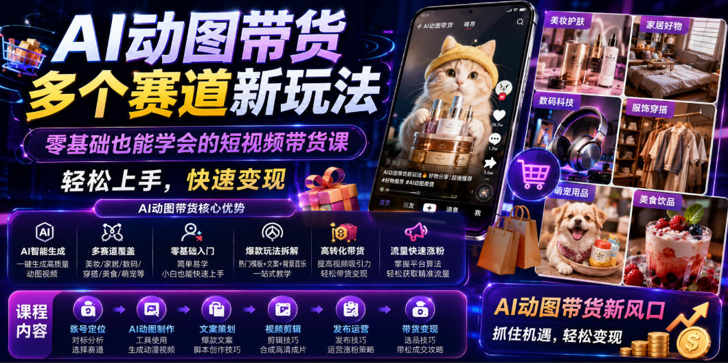 AI动图带货多个赛道新玩法，零基础也能学会的短视频带货课，轻松上手，快速变现-蔚蓝分享