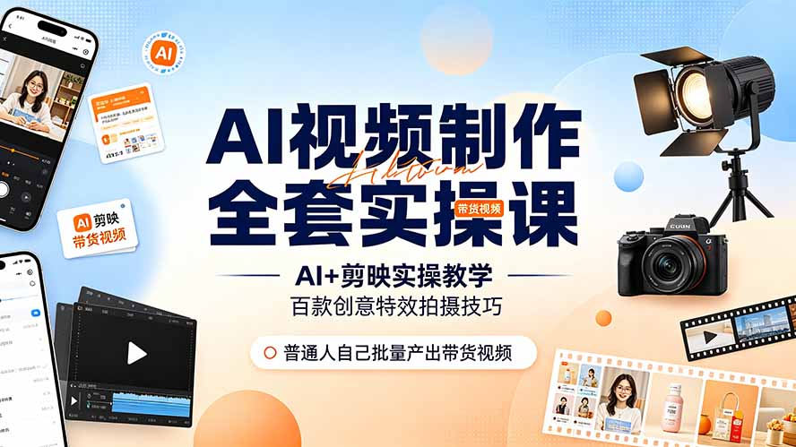 AI视频制作全套实操课，多款AI工具搭配剪映教学，百种特效运镜拍摄实操，抖音账号带货运营全覆盖-淏然网创