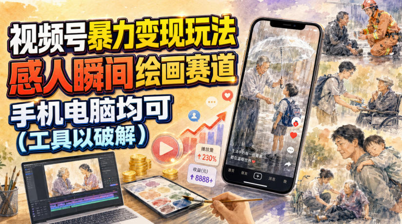 视频号暴力变现玩法，感人瞬间绘画赛道，手机电脑均可-富宝云网创