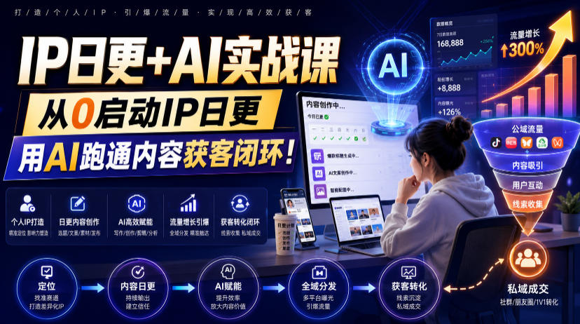 IP日更+AI实战课，从0启动IP日更，IP置顶视频制作+100条选题库搭建+10条日更规划，用AI跑通内容获客闭环!-富宝云网创