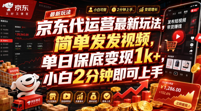 京东代运营最新玩法，简单发发视频，单日保底变现1k+，小白2分钟即可上手【揭秘】-富宝云网创