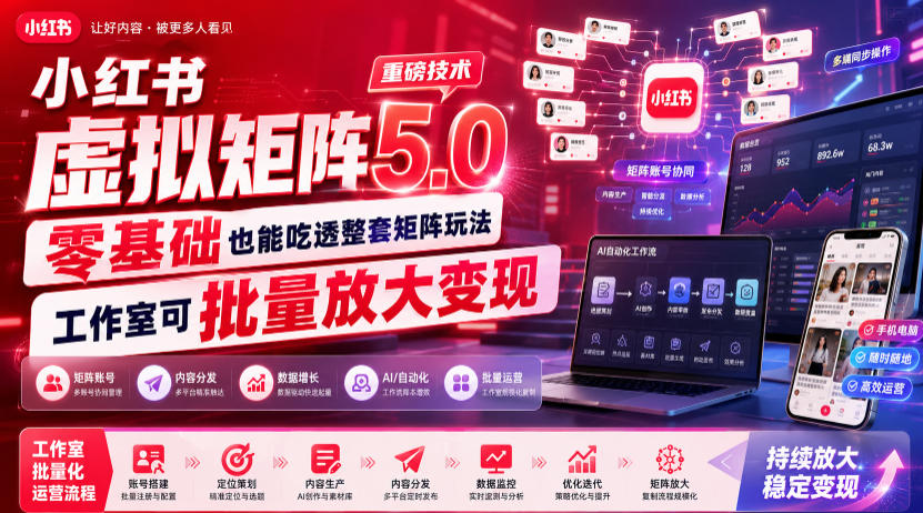 小红书虚拟矩阵5.0重磅技术，零基础也能吃透整套矩阵玩法，工作室可批量放大变现-咕噜鱼网创