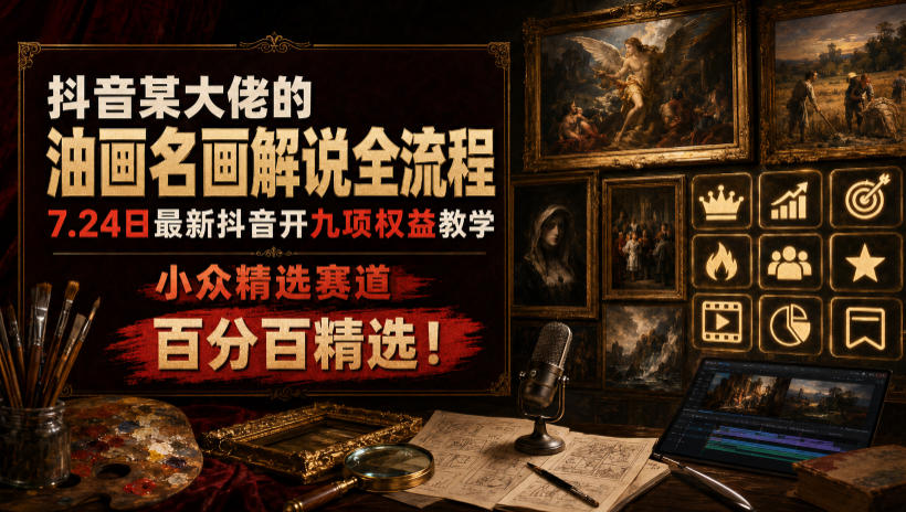 抖音某大佬的油画名画解说全流程，7.24日最新抖音开九项权益教学，小众精选赛道，百分百精选！-一个创业资源站