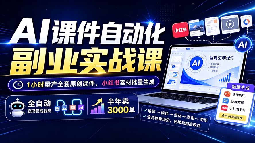 AI课件自动化副业实战课：1小时量产全套原创课件×小红书素材批量生成×全自动变现管线×半年卖3000单-一个创业资源站