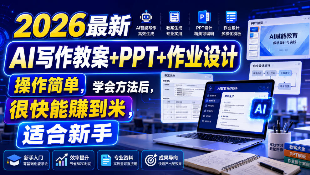 2026最新AI写作教案+PPT+作业设计，操作简单，学会方法后，很快能賺到米，适合新手-路路云网创