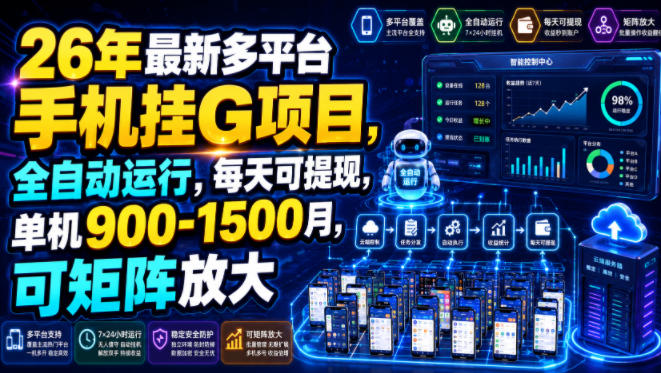 26年最新多平台手机挂G项目，全自动运行，每天可提现，单机900-1500月，可矩阵放大【揭秘】-路路云网创