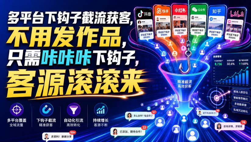 多平台下钩子截流获客，不用发作品，只需咔咔咔下钩子，客源滚滚来-路路云网创