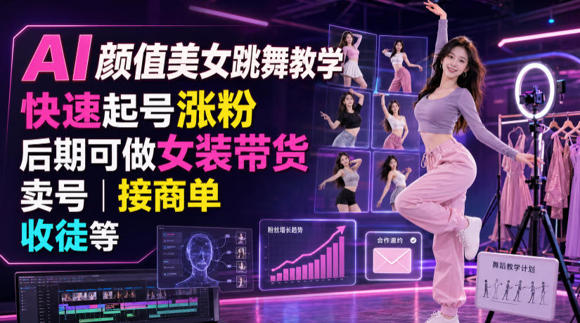 AI颜值美女跳舞教学，快速起号涨粉，后期可做女装带货，卖号，接商单，收徒等-路路云网创