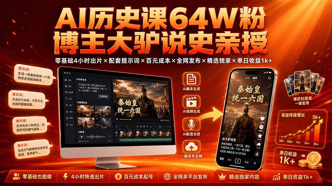 AI历史课64W粉博主大驴说史亲授：零基础4小时出片×配套提示词×百元成本×全网发布×精选独家×单日收益1k+-路路云网创