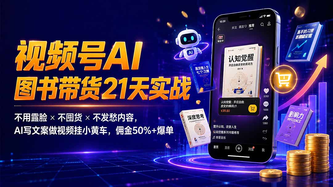 繁花视频号AI图书带货21天实战：不用露脸×不囤货×不发愁内容，AI写文案做视频挂小黄车，佣金50%+爆单-路路云网创
