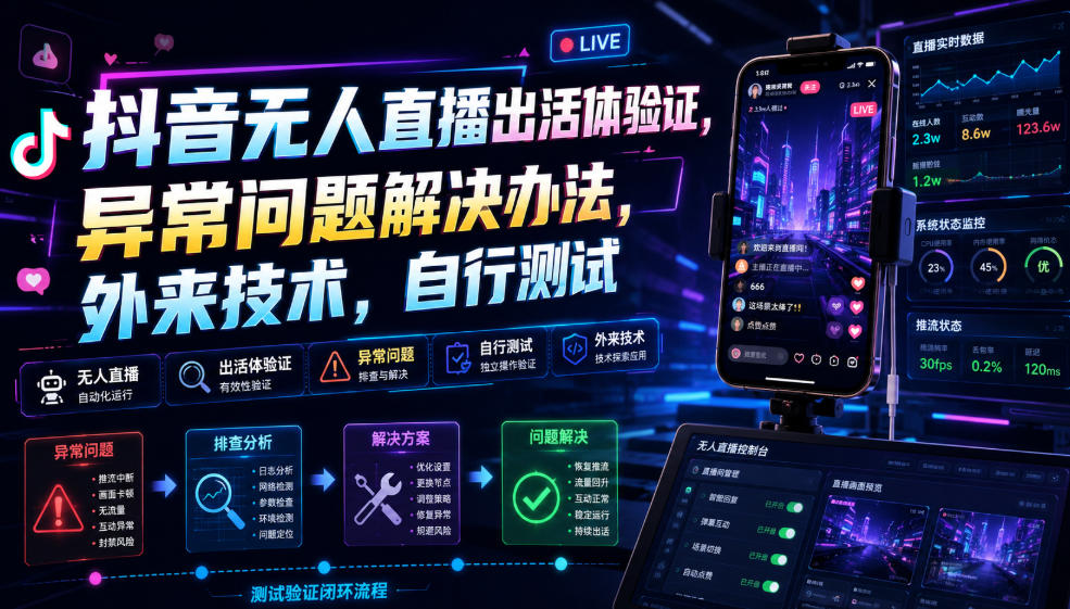 抖音无人直播出活体验证，异常问题解决办法，外来技术，自行测试-合和云网创