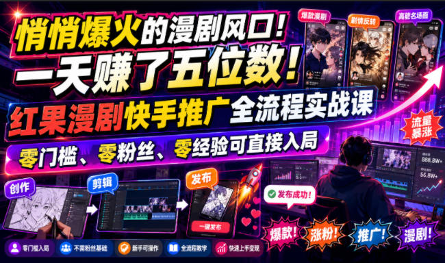 悄悄爆火的漫剧风口！一天賺了五位数！红果漫剧快手推广全流程实战课，零门槛、零粉丝、零经验可直接入局-合和云网创