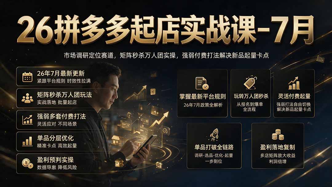 26拼多多起店实战课-7月｜市场调研定位赛道，矩阵秒杀万人团实操，强弱付费打法解决新品起量卡点-合和云网创