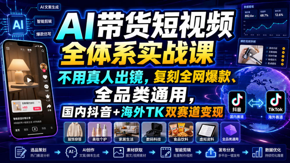 AI带货短视频全体系实战课，不用真人出镜，复刻全网爆款、全品类通用，国内抖音+海外TK双赛道变现-路路云网创