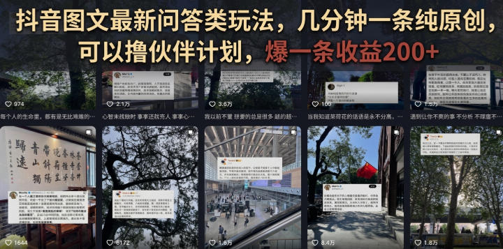 抖音图文最新问答类玩法，几分钟一条纯原创，可以撸伙伴计划，爆一条收益200+-万泉云网创