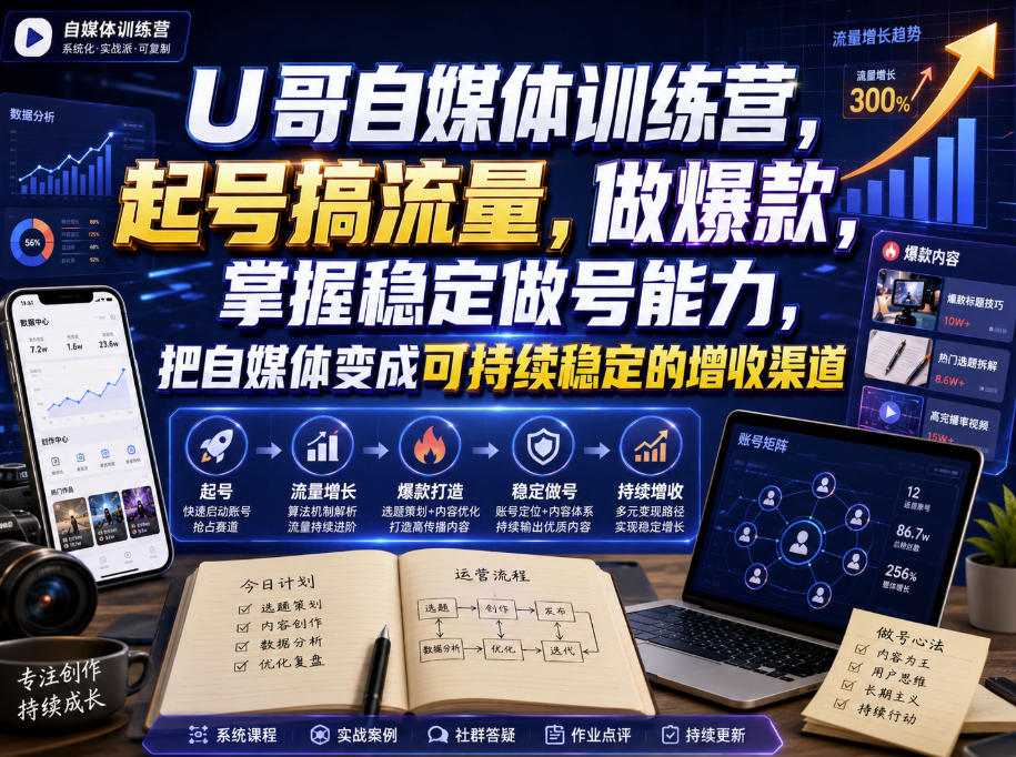 U哥自媒体训练营，起号搞流量，做爆款，掌握稳定做号能力，把自媒体变成可持续稳定的增收渠道-云网创