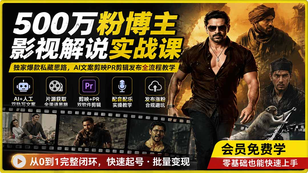 500万粉博主影视解说实战课｜独家爆款私藏思路，AI文案剪映PR剪辑发布全流程教学-云网创