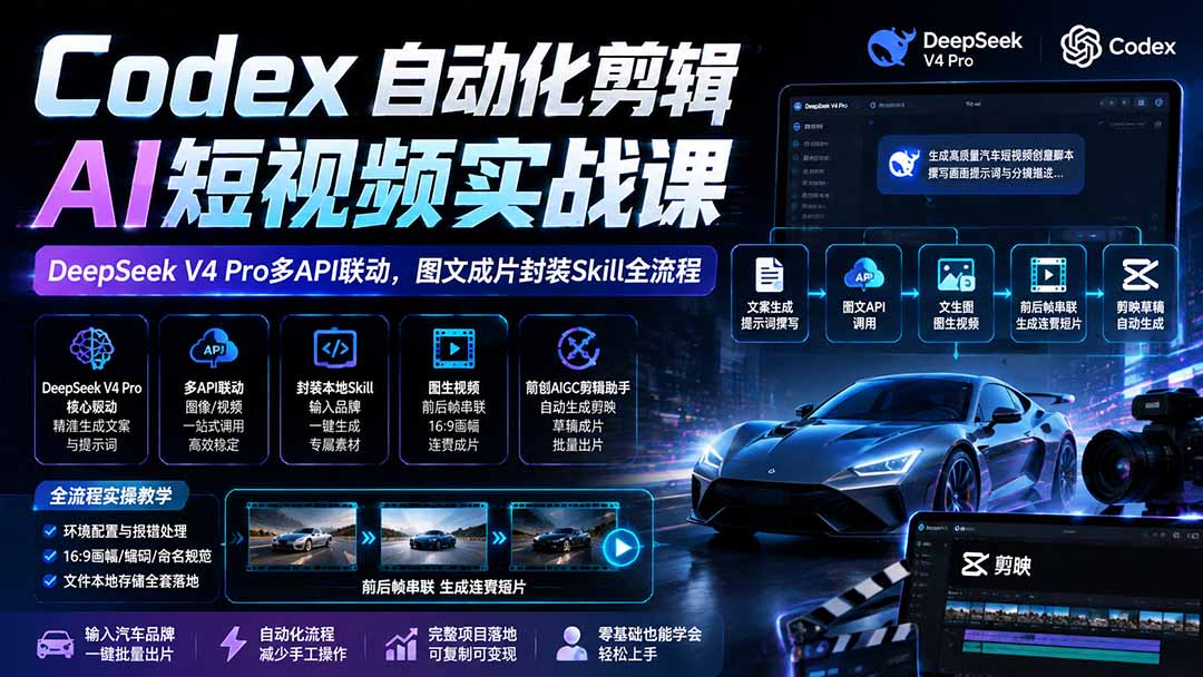Codex自动化剪辑AI短视频实战课｜DeepSeek V4 Pro多API联动，图文成片封装Skill全流程-网创项目网-网创项目资源站-副业项目-创业项目-搞钱项目