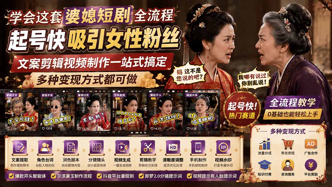 学会这套婆媳短剧全流程：起号快吸引女性粉丝，文案剪辑视频制作一站式搞定，多种变现方式都可做-网创项目网-网创项目资源站-副业项目-创业项目-搞钱项目