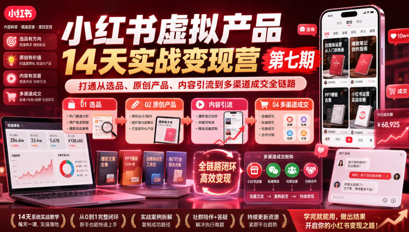 小红书虚拟产品14天实战变现营第七期，打通从选品、原创产品、内容引流到多渠道成交全链路-时光云网创