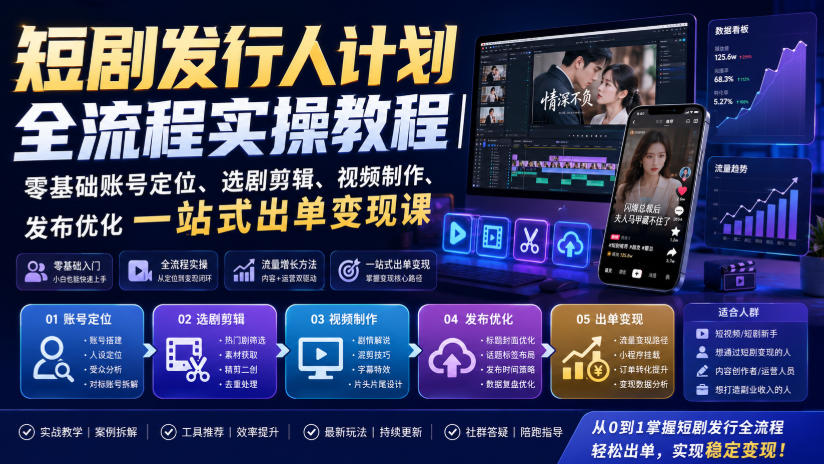 短剧发行人计划全流程实操教程｜零基础账号定位、选剧剪辑、视频制作、发布优化一站式出单变现课​-知岸资源网