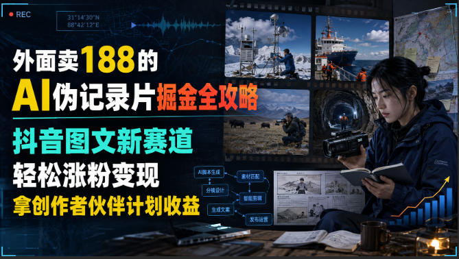 外面卖188的AI伪记录片掘金全攻略，抖音图文新赛道，轻松涨粉变现，拿创作者伙伴计划收益【文档】-知岸资源网