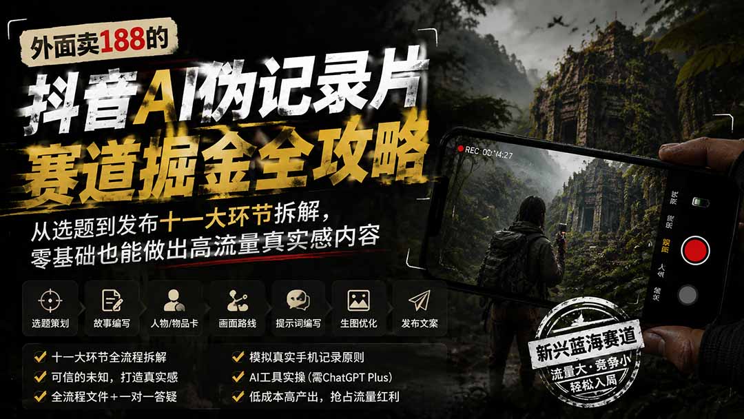 外面卖188的抖音AI伪记录片赛道掘金全攻略；从选题到发布十一大环节拆解，零基础也能做出高流量真实感内容-青山烟雨客网创