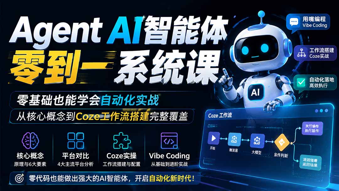 Agent AI智能体零到一系统课；零基础也能学会自动化实战，从核心概念到Coze工作流搭建完整覆盖-知岸资源网