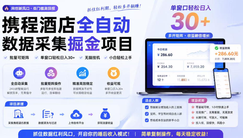 携程酒店采集挂G项目，批量可矩阵，单机轻松日入300+，开启你的睡后收入模式!【揭秘】-自由人网创